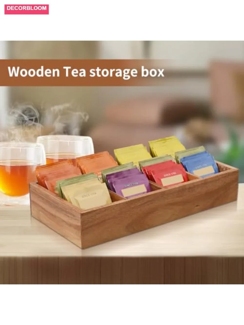 Acacia Wood Tea Bag Organizer with 8 Slots – Tea Bag Holder and Storage for